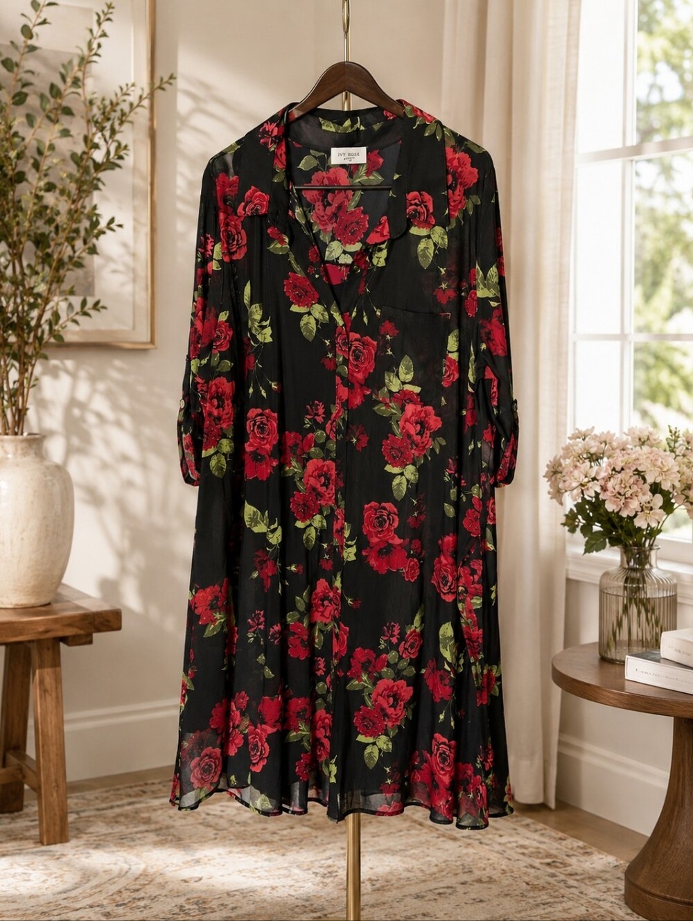 Ivy Rose Black Midi Dress with Red Floral Print